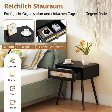 Northix Comodino in rattan con cassetto e gambe in legno massello 48 x 40 x 58 cm Nero  