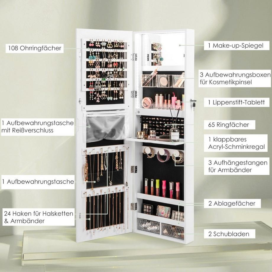 Northio Armoire à bijoux avec miroir pleine longueur et lumières tricolores au mur/porte blanc  