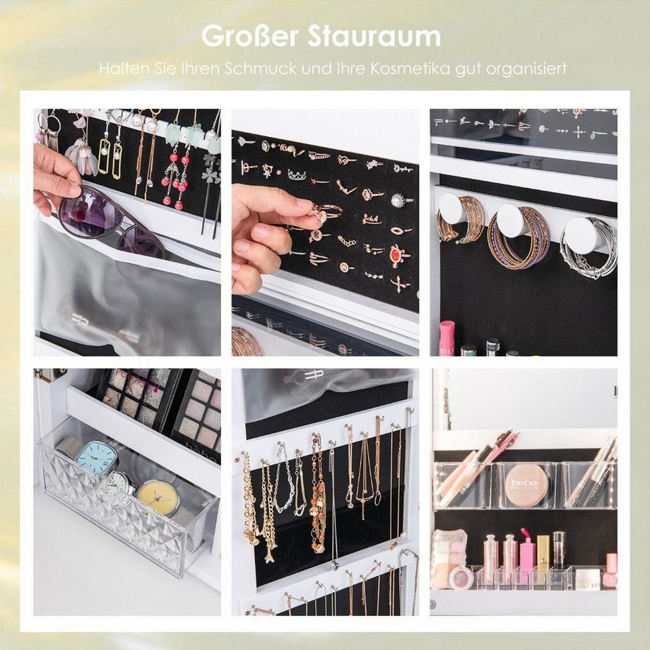 Northio Armoire à bijoux avec miroir pleine longueur et lumières tricolores au mur/porte blanc  