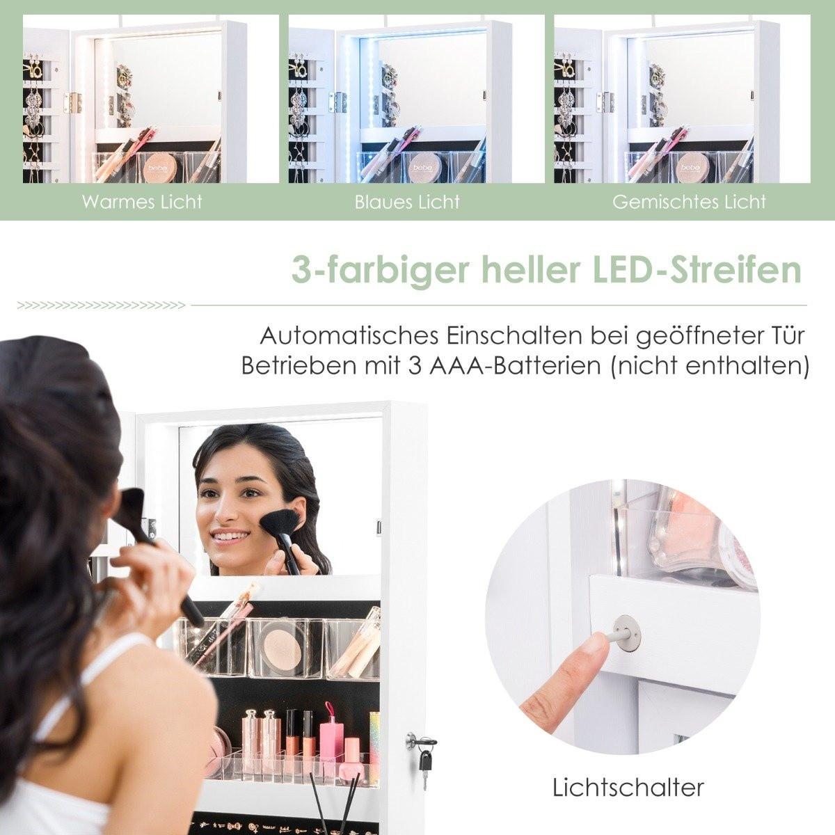 Northio Mobile portagioielli con specchio a figura intera e luci a 3 colori sulla parete/porta bianca  