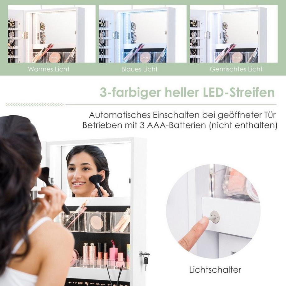 Northio Armoire à bijoux avec miroir pleine longueur et lumières tricolores au mur/porte blanc  