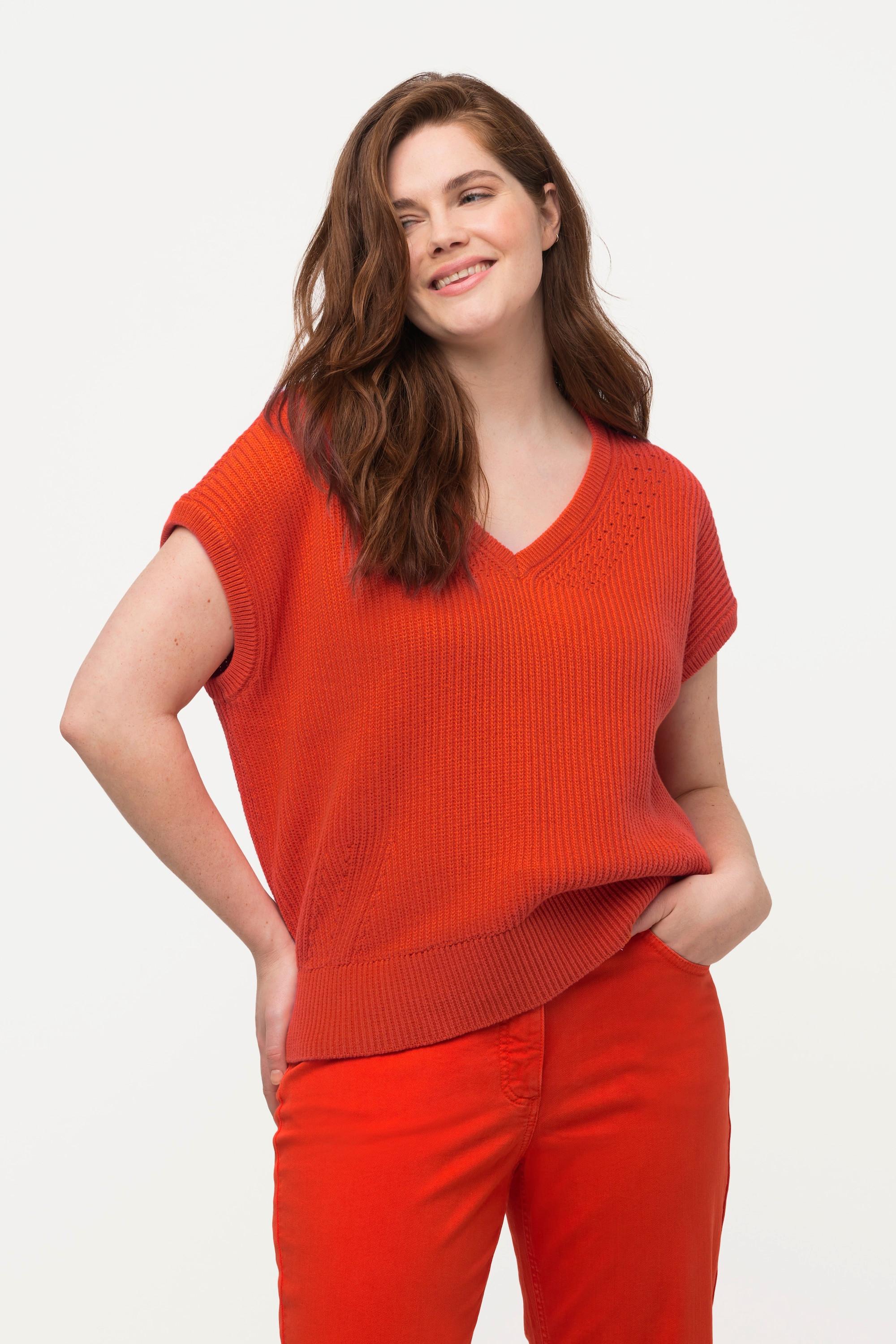 Ulla Popken Ärmelloser Pullunder tiefer V-Ausschnitt Biobaumwolle  