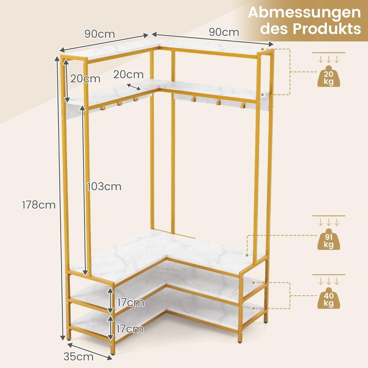 Northix Appendiabiti angolare con panca Appendiabiti ad L con ripiani a giorno 90 x 90 x 178 cm bianco  