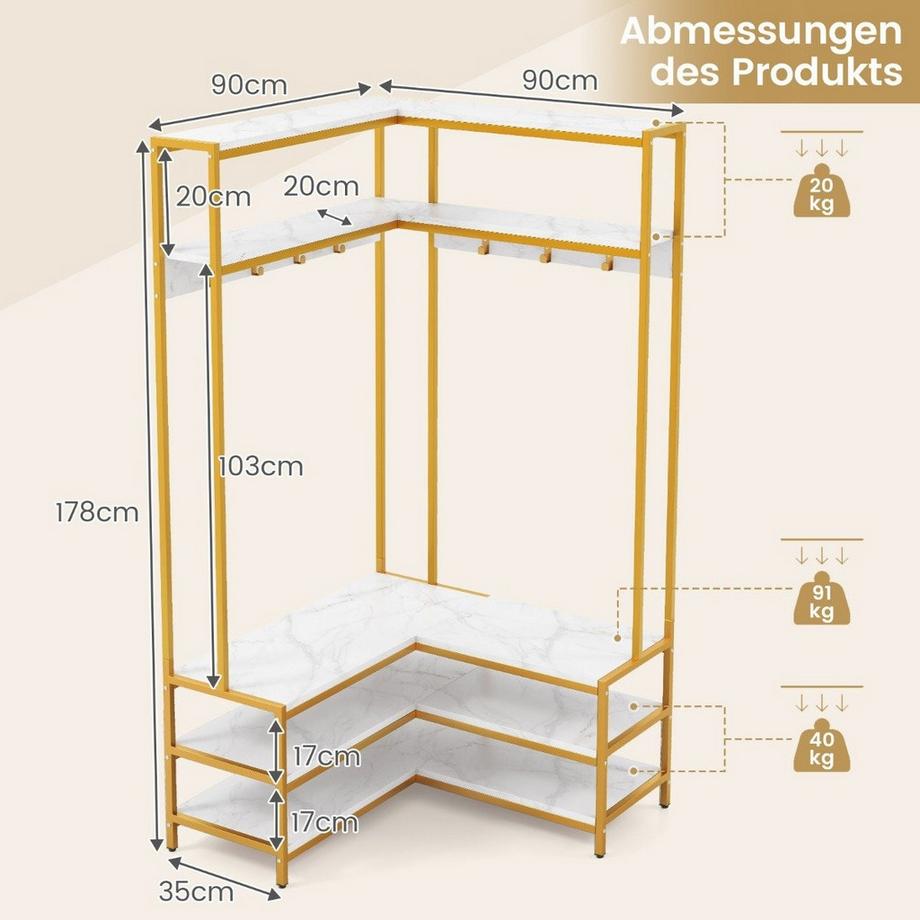 Northix Appendiabiti angolare con panca Appendiabiti ad L con ripiani a giorno 90 x 90 x 178 cm bianco  