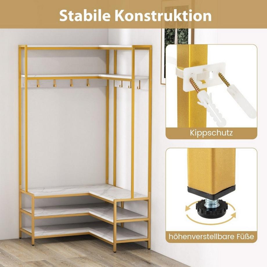 Northix Appendiabiti angolare con panca Appendiabiti ad L con ripiani a giorno 90 x 90 x 178 cm bianco  