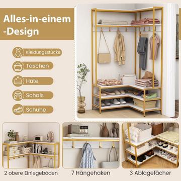 Appendiabiti angolare con panca Appendiabiti ad L con ripiani a giorno 90 x 90 x 178 cm bianco