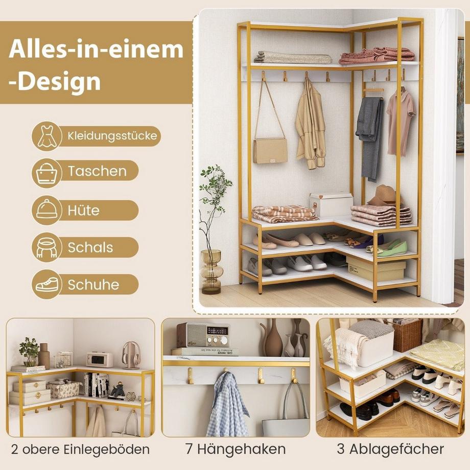 Appendiabiti angolare con panca Appendiabiti ad L con ripiani a giorno 90 x 90 x 178 cm bianco