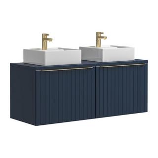 Vente-unique Meuble de salle de bain suspendu double vasque strié bleu - 120 cm - JOSEPHA  