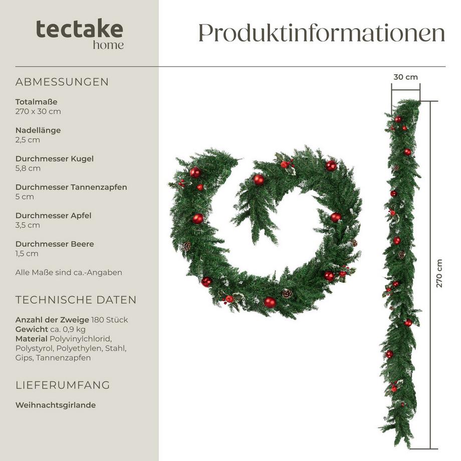 Tectake Ghirlanda natalizia  dall'aspetto naturale, 270 cm  