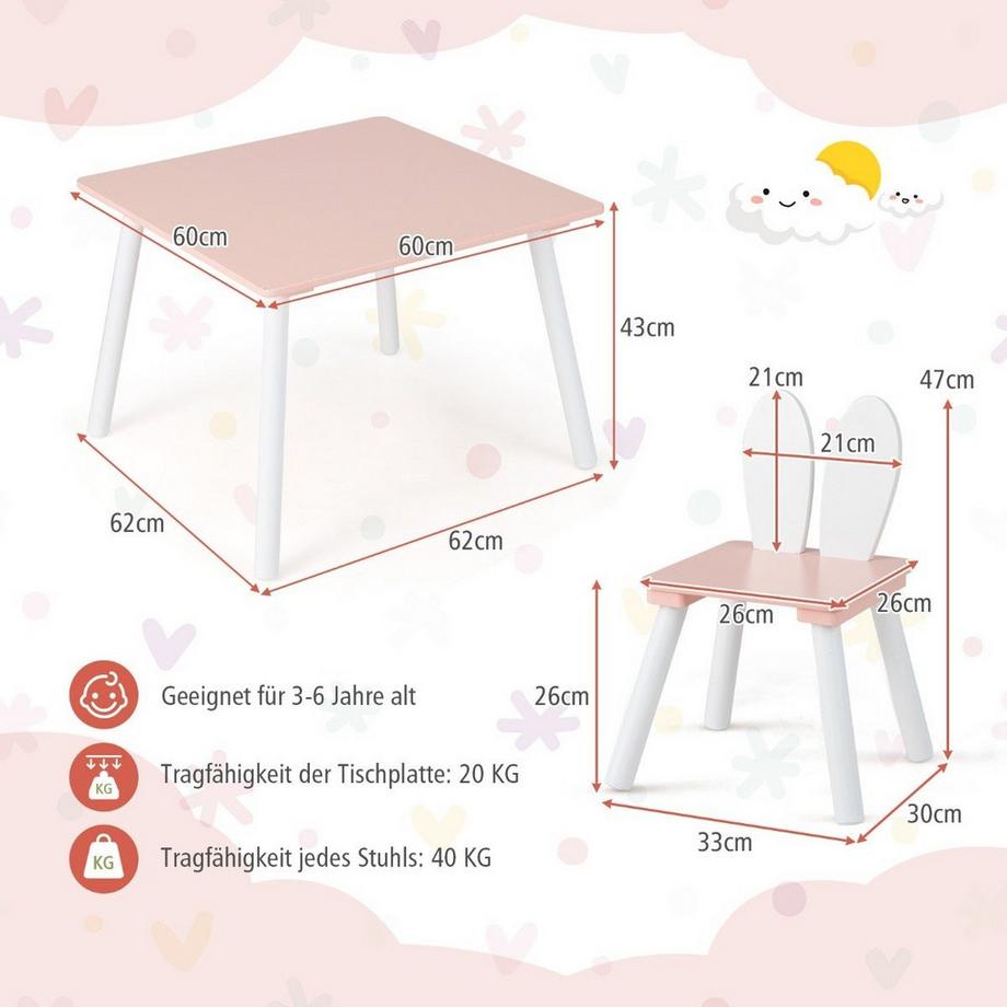 Northix  Kindertisch mit 2 Stühlen 3 TLG. Kindersitzgruppe mit Massivholzbeine Rosa 