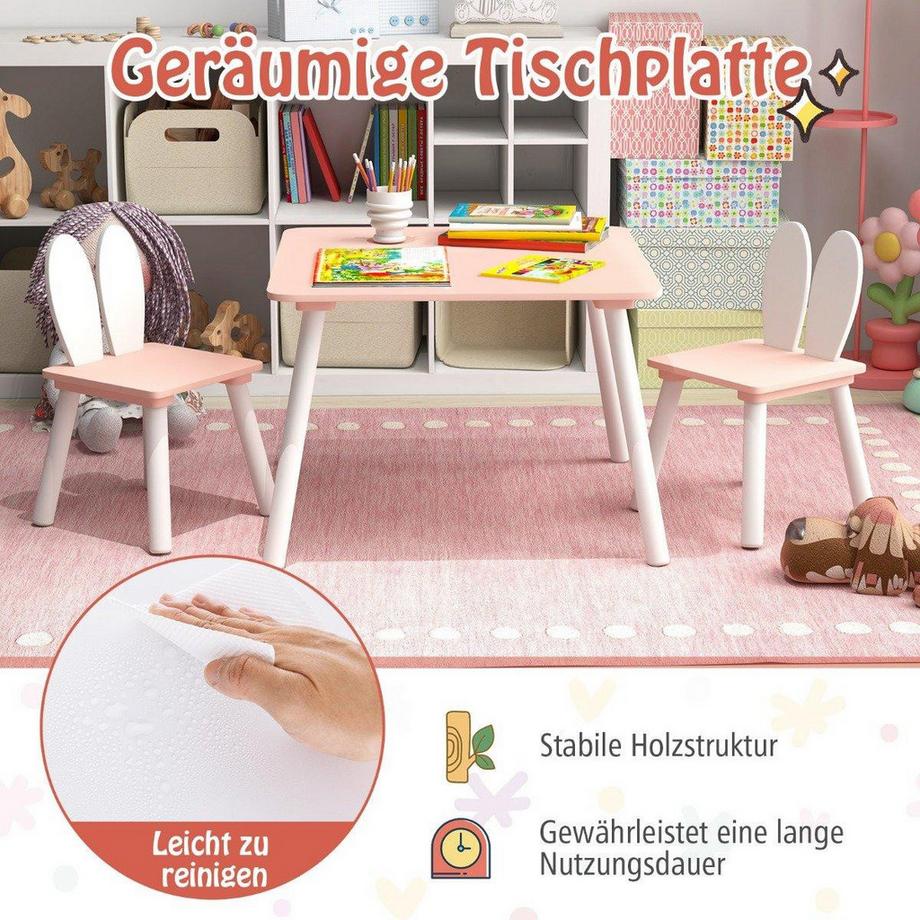Northix  Kindertisch mit 2 Stühlen 3 TLG. Kindersitzgruppe mit Massivholzbeine Rosa 