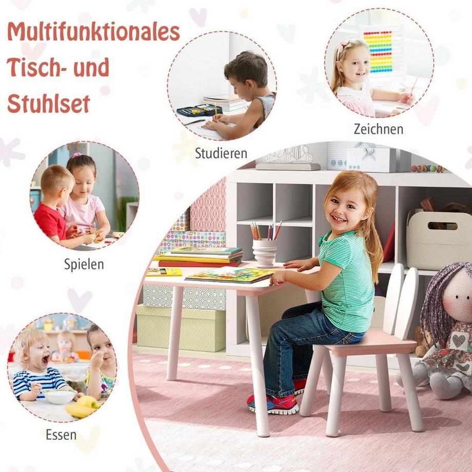 Northix  Kindertisch mit 2 Stühlen 3 TLG. Kindersitzgruppe mit Massivholzbeine Rosa 