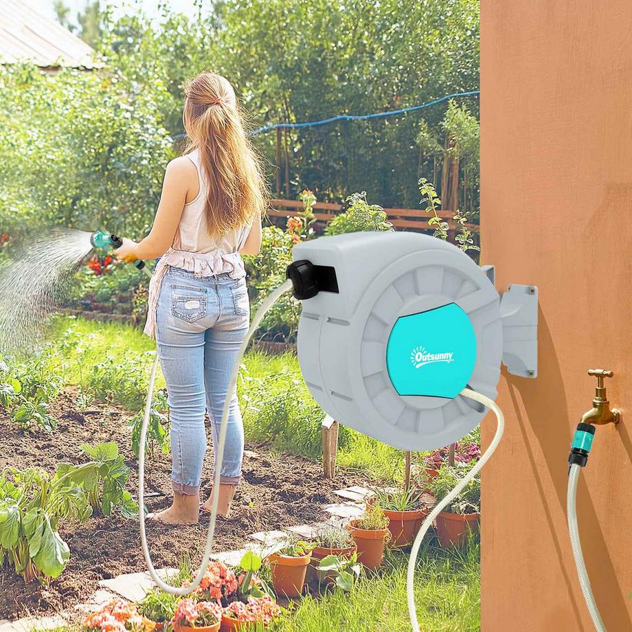 Northio  Schlauchtrommel mit Gartenschlauch 30m, 180° schwenkbar Schlauchbox, Schlauchaufroller zur Wandmontage, Wasserschlauchaufroller mit automatische Aufrollung, 7-Funktionen Handbrause, Grün+Grau 