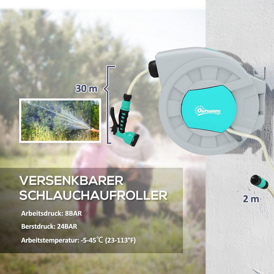 Northio  Schlauchtrommel mit Gartenschlauch 30m, 180° schwenkbar Schlauchbox, Schlauchaufroller zur Wandmontage, Wasserschlauchaufroller mit automatische Aufrollung, 7-Funktionen Handbrause, Grün+Grau 