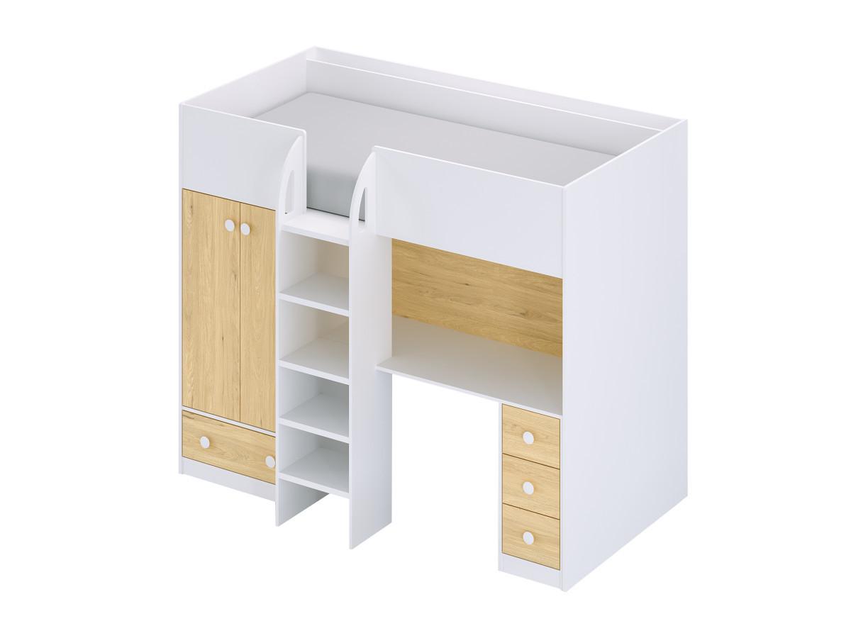 Vente-unique Lit mezzanine  90 x 190 cm avec armoire et bureau - Blanc et naturel - CINAMO  