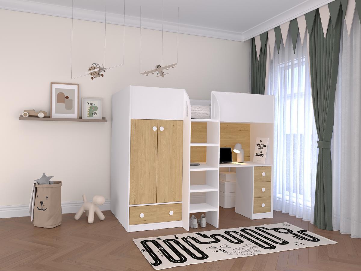 Vente-unique Lit mezzanine  90 x 190 cm avec armoire et bureau - Blanc et naturel - CINAMO  