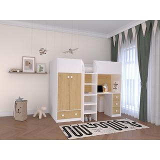Vente-unique Hochbett mit Kleiderschrank & Schreibtisch - 90 x 190 cm - Weiß & Holzfarben - CINAMO  