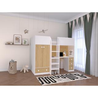 Vente-unique Lit mezzanine  90 x 190 cm avec armoire et bureau - Blanc et naturel - CINAMO  