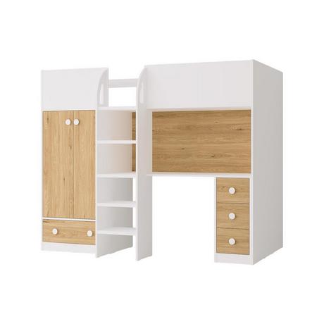 Vente-unique Lit mezzanine  90 x 190 cm avec armoire et bureau - Blanc et naturel - CINAMO  