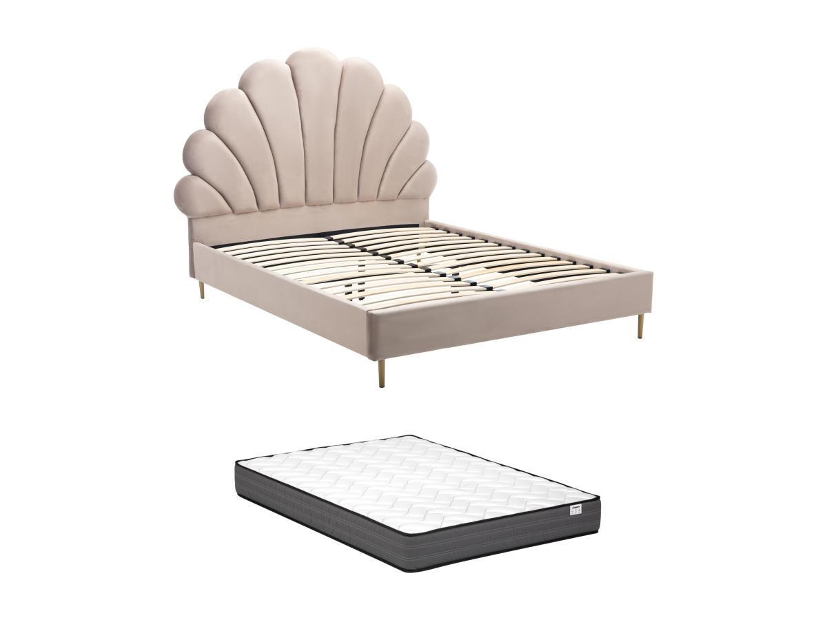 Vente-unique Bett mit Kopfteil in Muschelform + Matratze - 140 x 190 cm - Samt - Beige - LIVAYA  