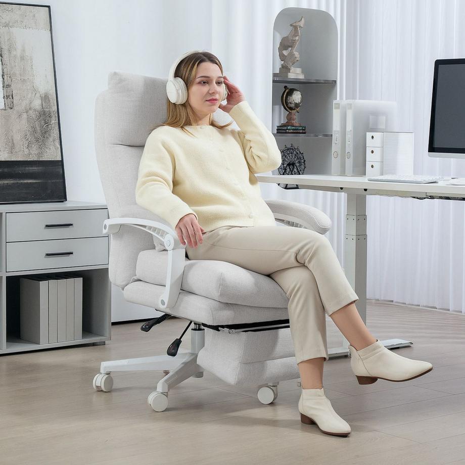 Northio Bürostuhl Ergonomischer Schreibtischstuhl mit Lendenwirbelstütze, Hoher Rückenlehne, Fußstütze, Höhenverstellbarer Drehstuhl mit Leinenoptik, Gepolstert Computerstuhl, Cremeweiß Aosom  