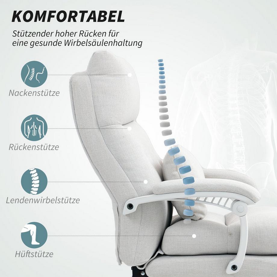 Northio Bürostuhl Ergonomischer Schreibtischstuhl mit Lendenwirbelstütze, Hoher Rückenlehne, Fußstütze, Höhenverstellbarer Drehstuhl mit Leinenoptik, Gepolstert Computerstuhl, Cremeweiß Aosom  