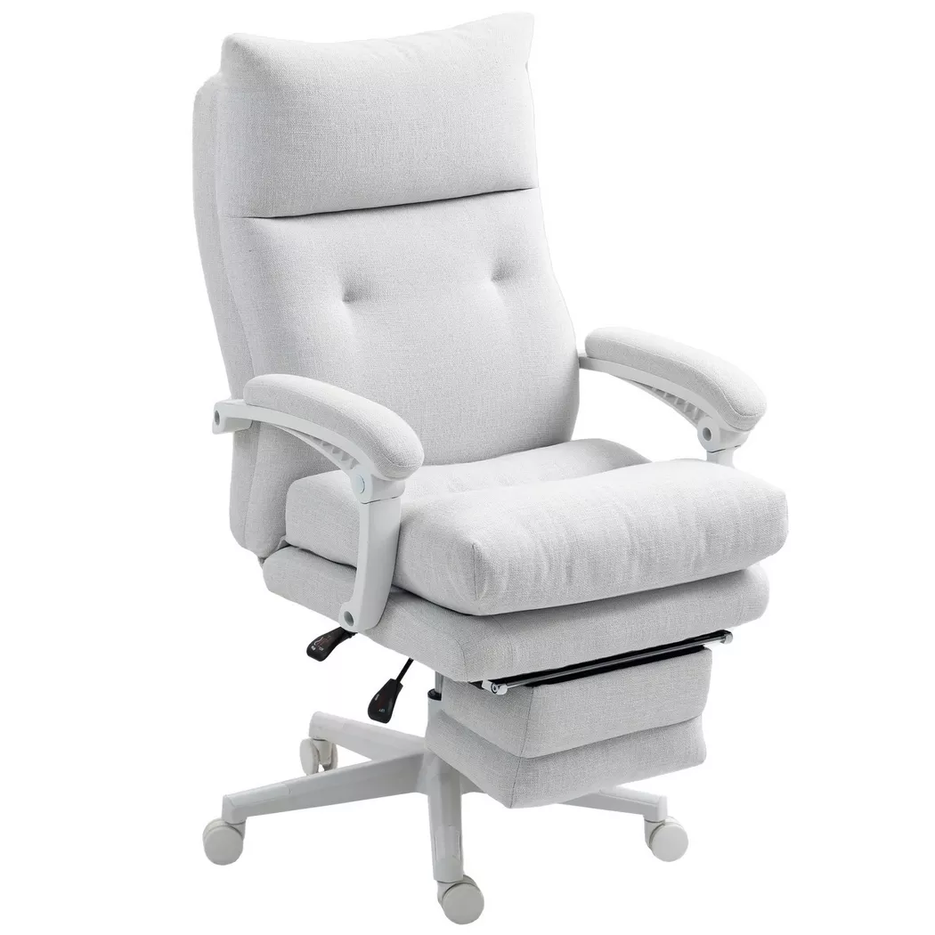 Northio – Bürostuhl Ergonomischer Schreibtischstuhl mit Lendenwirbelstütze, Hoher Rückenlehne, Fußstütze, Höhenverstellbarer Drehstuhl Leinenoptik, Gepolstert Computerstuhl, Cremeweiß Aosom, 82 CM