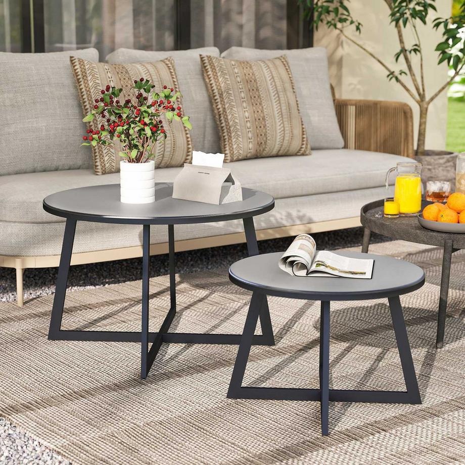 Northio Lot de 2 tables d'appoint empilables, table de jardin ronde résistante aux intempéries, table de balcon avec pieds en X, plateau en verre, table de camping en acier, table basse pour salon, bureau, extérieur, intérieur, noir + gris |  