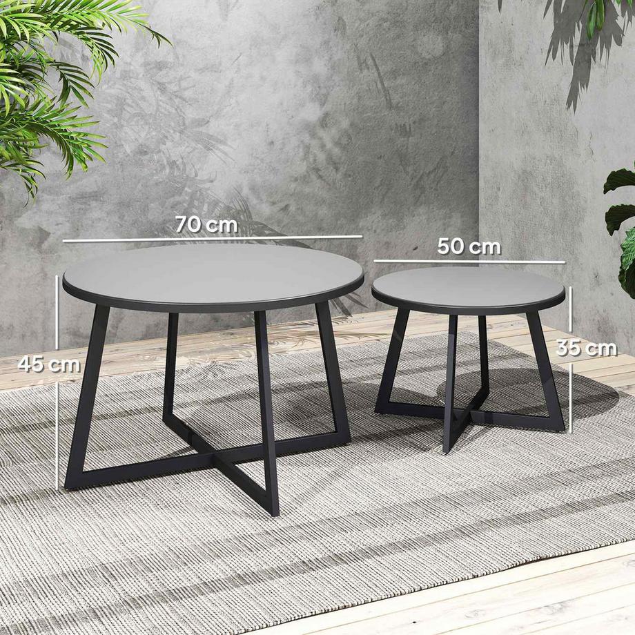 Northio Lot de 2 tables d'appoint empilables, table de jardin ronde résistante aux intempéries, table de balcon avec pieds en X, plateau en verre, table de camping en acier, table basse pour salon, bureau, extérieur, intérieur, noir + gris |  