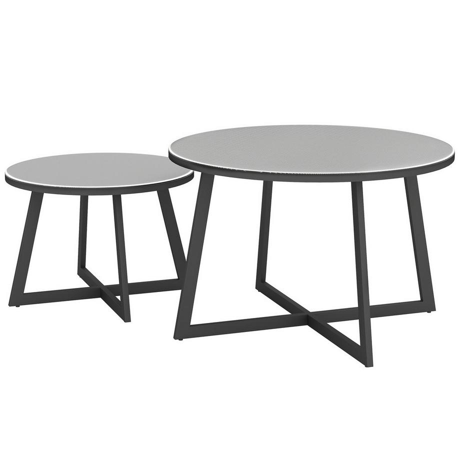 Lot de 2 tables d'appoint empilables, table de jardin ronde résistante aux intempéries, table de balcon avec pieds en X, plateau en verre, table de camping en acier, table basse pour salon, bureau, extérieur, intérieur, noir + gris |