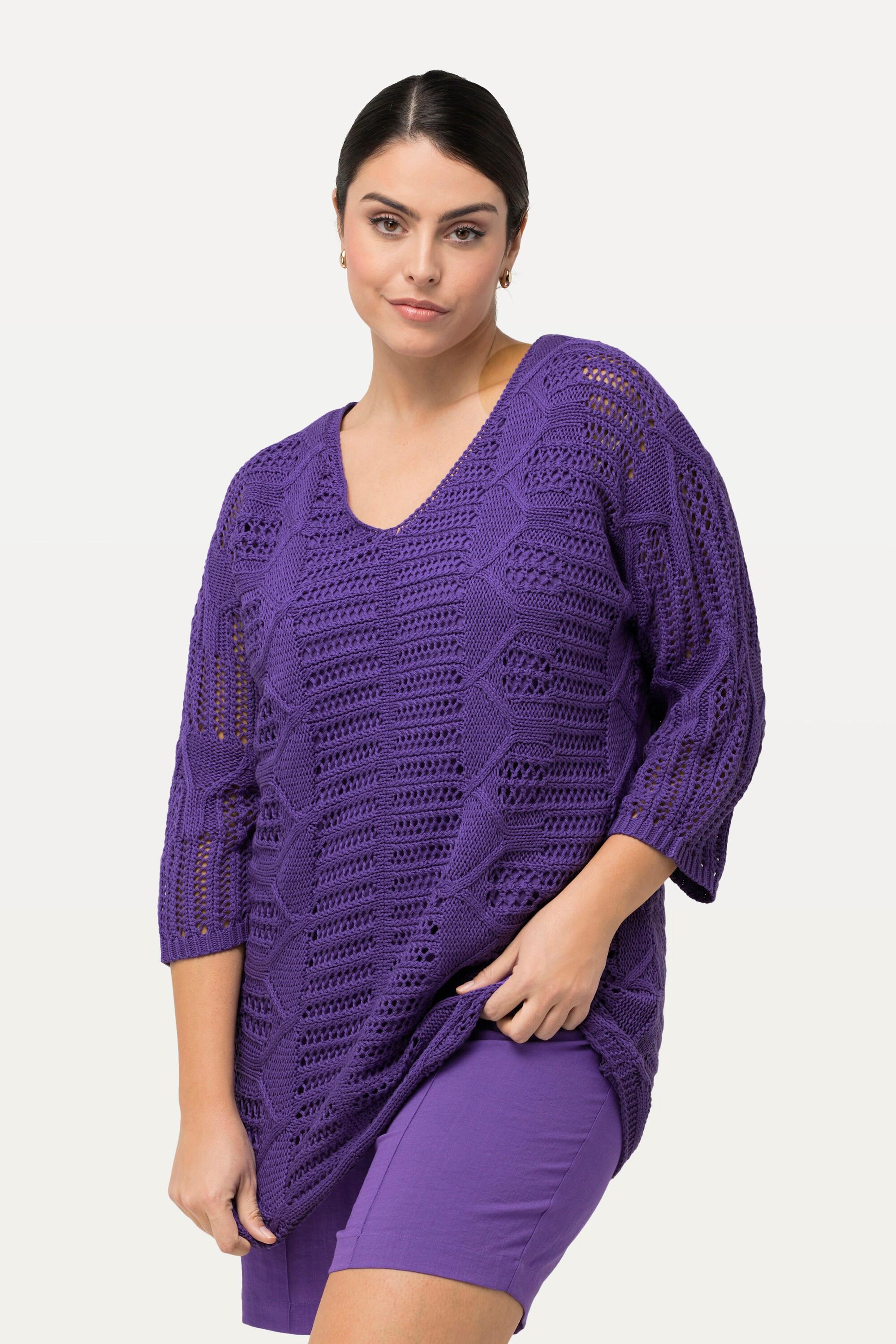 Ulla Popken  Pullover, Grobstrick, V-Ausschnitt, 3/-Arm 