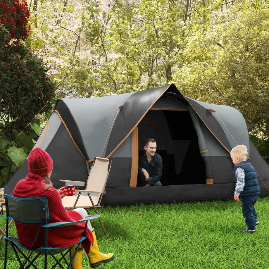Tente de camping pour 5-6 personnes, tente familiale stable et étanche avec fenêtre d'entrée, sac d'emballage, tente avec colonne d'eau de 3000 mm, tente tunnel, tente dôme pour camping, voyage, jardin, gris clair Aosom