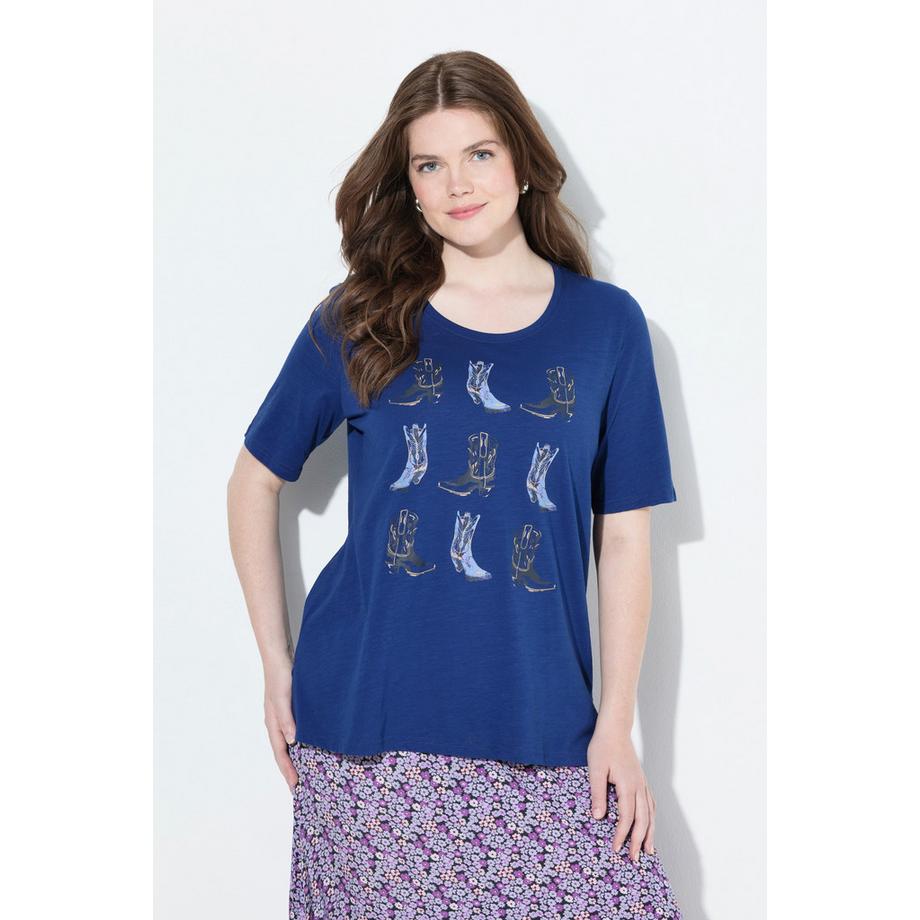 Ulla Popken T-Shirt Classic Imprimé Bottes de Cowboy Col Rond Manches Courtes  