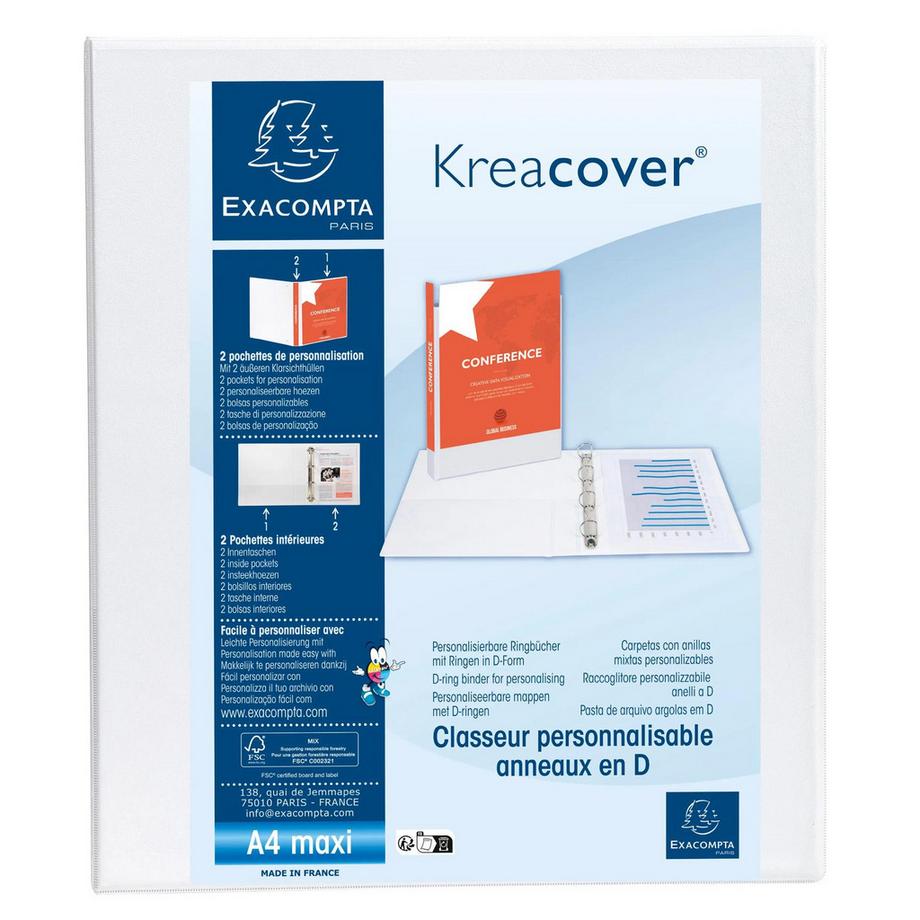 Classeur personnalisable rigide 2 poches KreaCover - 2 anneaux en D 40mm - A4 maxi - x 10