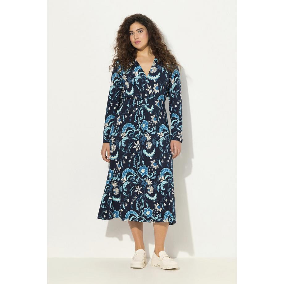 Ulla Popken Robe Midi Jersey Coupe Évasée Col V Manches Longues  