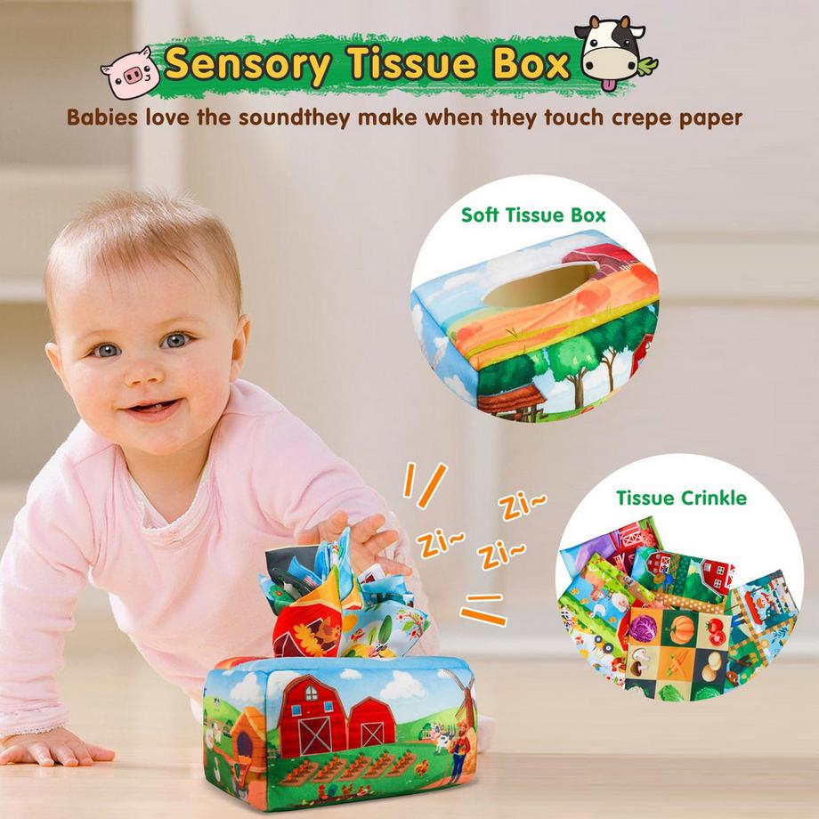 Activity-board  Babyspielzeug, 3 IN 1 Lernspielzeug für Kleinkinder, Bauernhofspielzeug, Traktorspielzeug, Tissue Box, Motorikspielzeug 