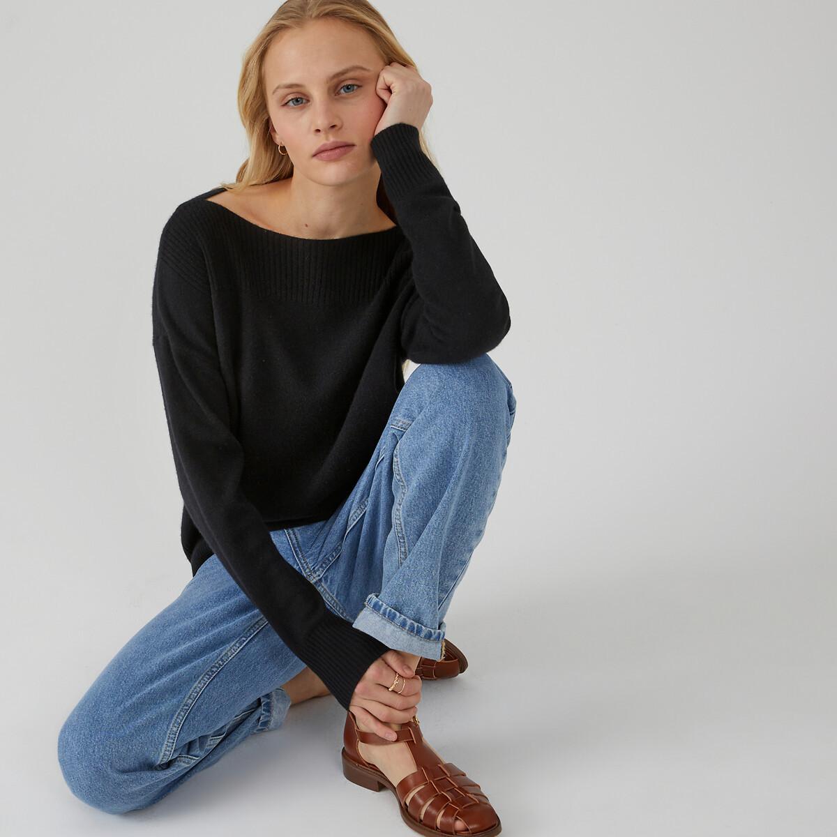 LESLIE pull col bateau goutte dos navy 100% cachemire