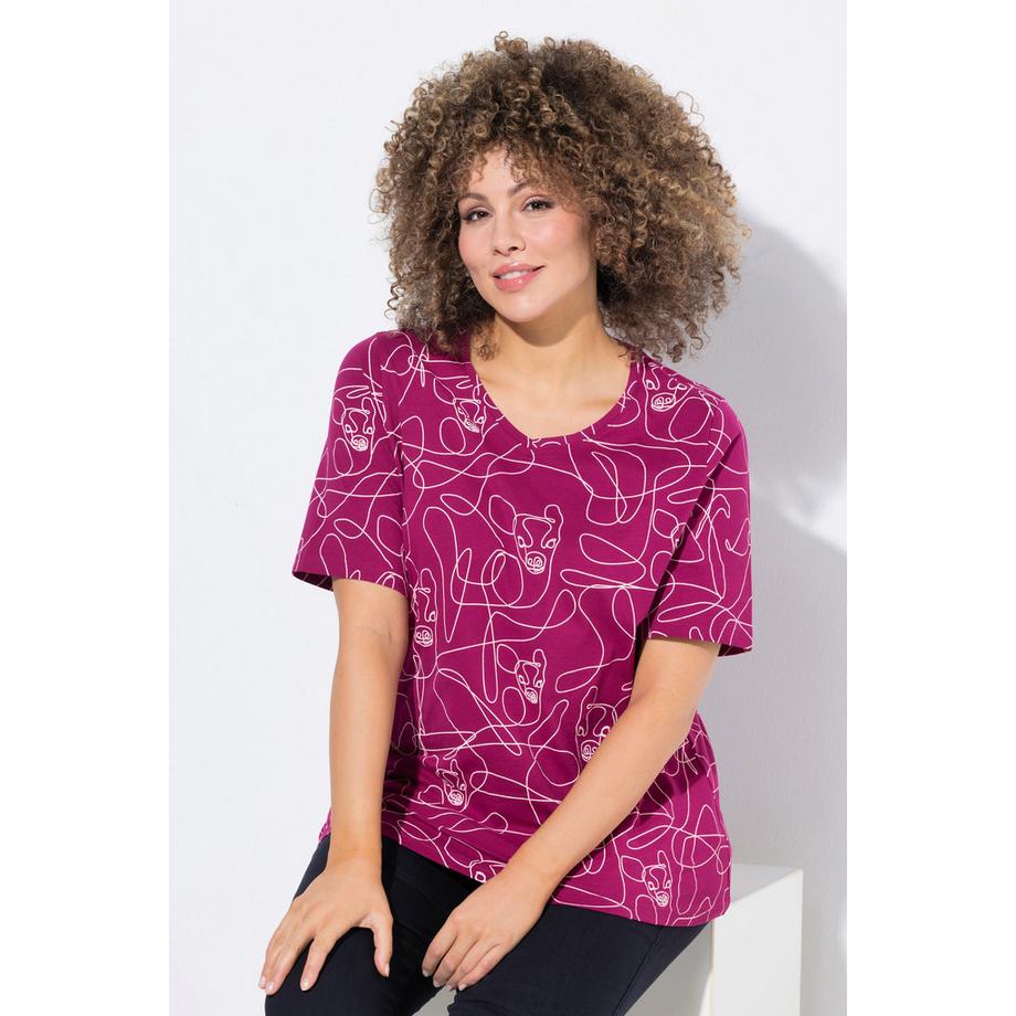 Ulla Popken Classic Tiermuster Halbarm V-Ausschnitt T-Shirt  