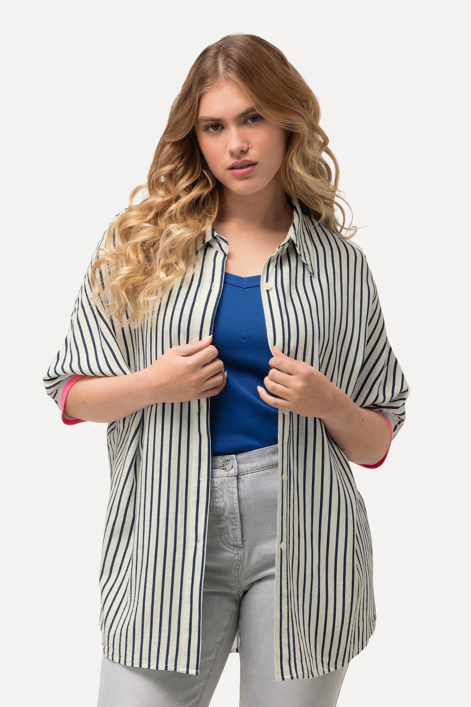 Ulla Popken  Camicia dal taglio oversize in misto lino con collo da camicia e mezze maniche 