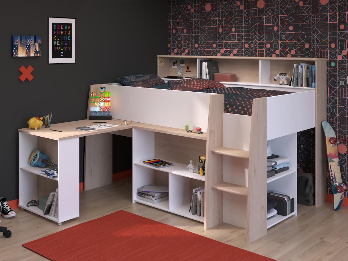 Vente-unique Kombibett - 90 x 200 cm - mit Schreibtisch & Stauraum - Weiß & Holzfarben + Matratze- APOLINO  