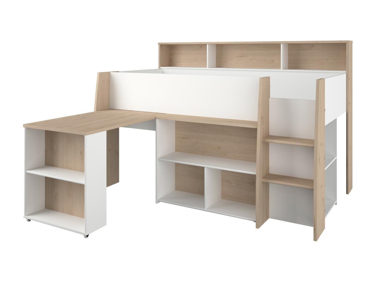 Vente-unique Lit combiné 90 x 200 cm avec bureau et rangements - Blanc et naturel + Matelas - APOLINO  