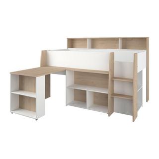 Vente-unique Lit combiné 90 x 200 cm avec bureau et rangements - Blanc et naturel + Matelas - APOLINO  