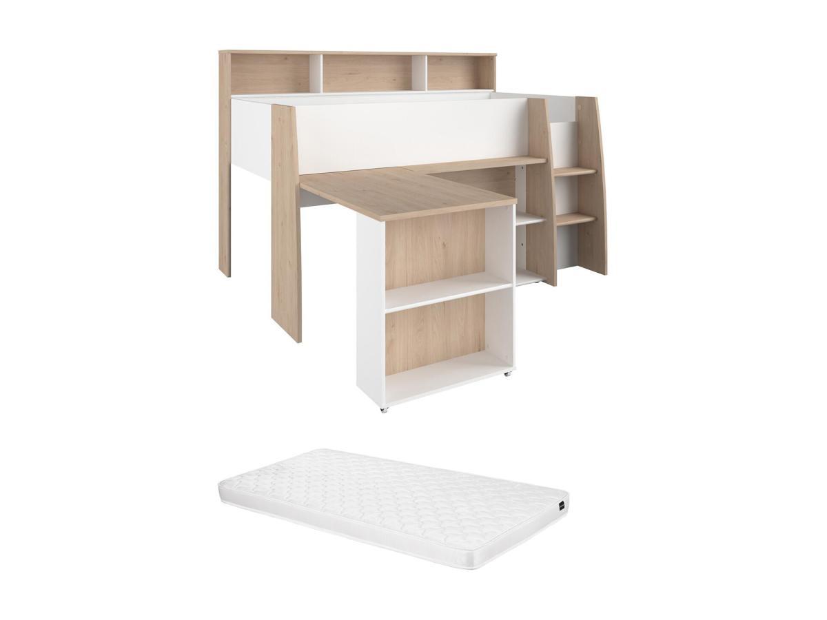 Vente-unique Lit combiné 90 x 200 cm avec bureau et rangements - Blanc et naturel + Matelas - APOLINO  