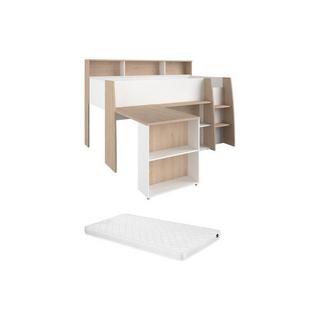 Vente-unique Lit combiné 90 x 200 cm avec bureau et rangements - Blanc et naturel + Matelas - APOLINO  