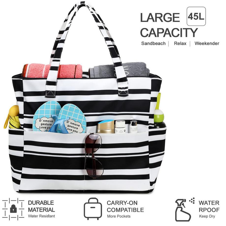 Only-bags.store Grande borsa da spiaggia a righe impermeabile con cerniera  