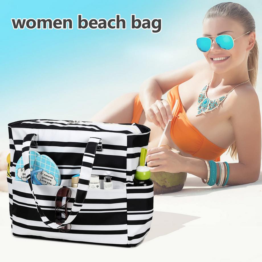 Only-bags.store Grande borsa da spiaggia a righe impermeabile con cerniera  
