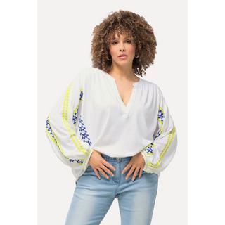 Ulla Popken  Blusa dal taglio oversize in misto lino con scollo a tunica e maniche lunghe 