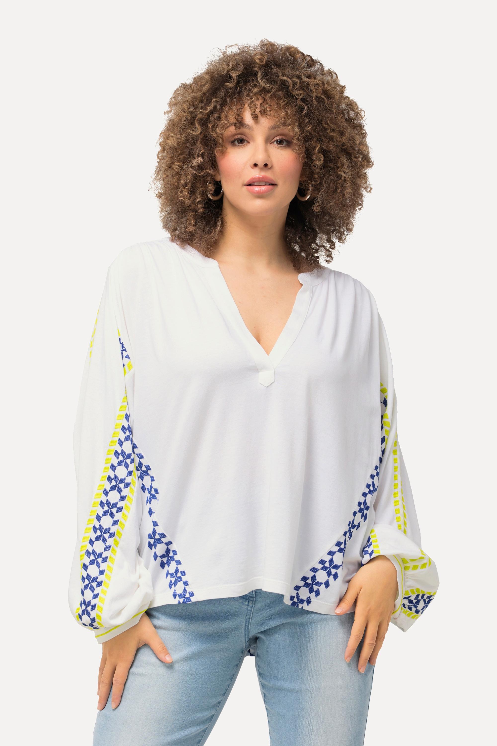 Ulla Popken  Blusa dal taglio oversize in misto lino con scollo a tunica e maniche lunghe 