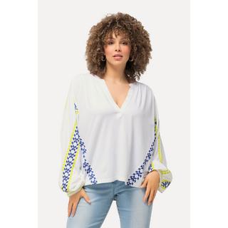 Ulla Popken  Blusa dal taglio oversize in misto lino con scollo a tunica e maniche lunghe 