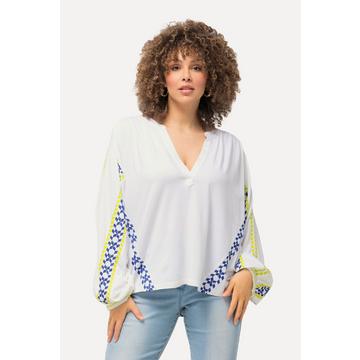 Blusa dal taglio oversize in misto lino con scollo a tunica e maniche lunghe